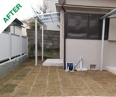 テラス屋根と天然芝で使いやすく整えた庭